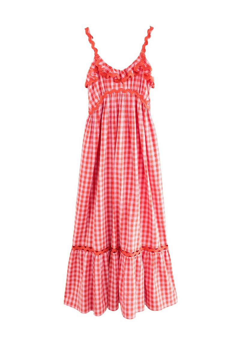 Rood-wit geroemde jurk met gerafelde schouderbanden en afwerking, met een wijde zoom en geplooide rok. Lichtgewicht stof, casual ontwerp.