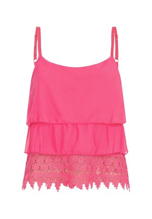 Fuchsia-farbenes, geschichtetes Trägertop mit verstellbaren Trägern, das eine durchsichtige obere Schicht und eine filigrane Spitzenbordüre am Saum aufweist. Glatte Textur.