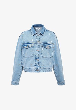Hellblaue Jeansjacke mit vorderen Knöpfen, zwei Brusttaschen und weißen, stickereiartigen Schneeflockenmuster verstreut auf der Jacke.