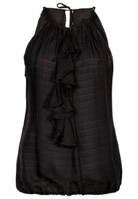Blusa nera senza maniche con un frontale arricciato, tessuto leggero, strisce testurizzate e schiena aperta con chiusura a fiocco.