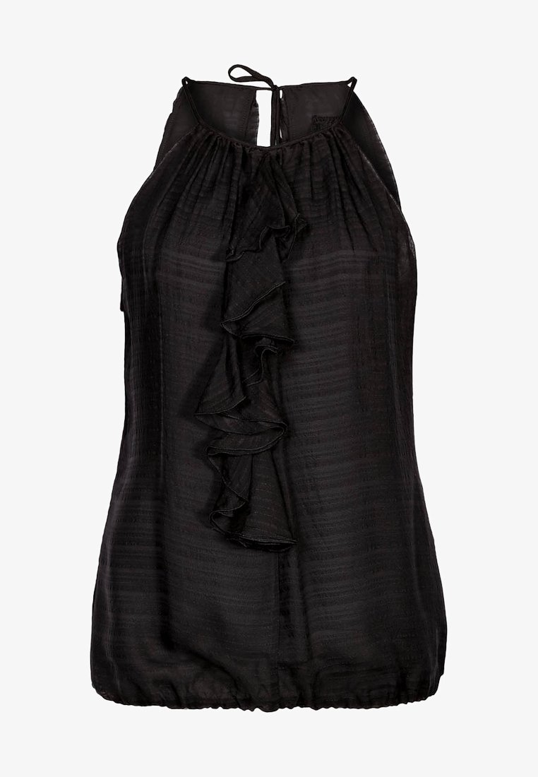 Blusa nera senza maniche con un frontale arricciato, tessuto leggero, strisce testurizzate e schiena aperta con chiusura a fiocco.