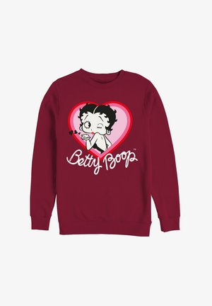 Bordeaux sweatshirt med et grafisk motiv af Betty Boop inden i et rødt og pink hjerte. Designet inkluderer sorte detaljer og hvid tekst nedenunder.