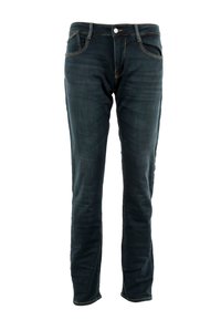 Donkerblauwe denim jeans met een klassieke rechte pasvorm, ontwerp met vijf zakken, lichte stiksel en een sluiting met een knop aan de voorkant.