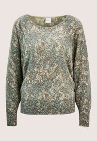 Langarmtrui met ronde hals, gekenmerkt door een abstracte grafische zwervende patroon in gedempte groene, beige en bruine tinten.