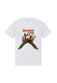 Bílé bavlněné tričko s grafikou muže s kytarou a nápisem ze "School of Rock", s zelenými a hnědými akcenty v designu.