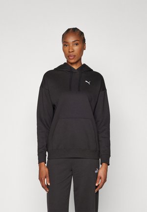 Black hooded sweatshirt made of soft fabric, featuring a front pocket, drawstrings, and a small white logo on the chest.