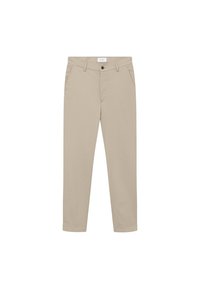 Pantalon en coton beige avec une coupe droite, comprenant deux poches avant et une fermeture par bouton, texture lisse et style minimaliste.