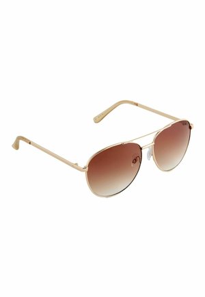 Gold metal aviator sunglasses with brown gradient lenses and adjustable nose pads on a white background.