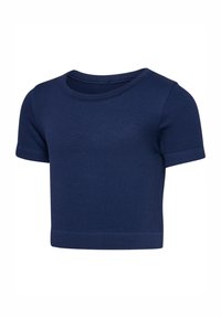 Mørkeblå ribbet kortærmet top med rund halsudskæring. Lavet af et strækbart materiale, har den et cropped design og en glat overflade.