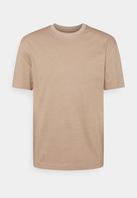 Light brown cotton t-shirt with a crew neck, short sleeves, and a relaxed fit. Smooth texture with stitch detailing along the hem and sleeves.