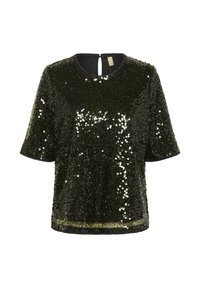 Īsām piedurknēm tops, kas izgatavots no melnajām pērļu pērlēm, ar atslēgas caurumu aizmugurē. Gluda tekstūra ar mirdzošiem akcentiem, piedāvājot pieguļošu siluetu.