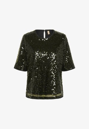 Kortærmet top lavet af sorte perler med en nøglehuldsdetalje i ryggen. Glat tekstur med skimrende accenter, der giver en tætsiddende silhuet.