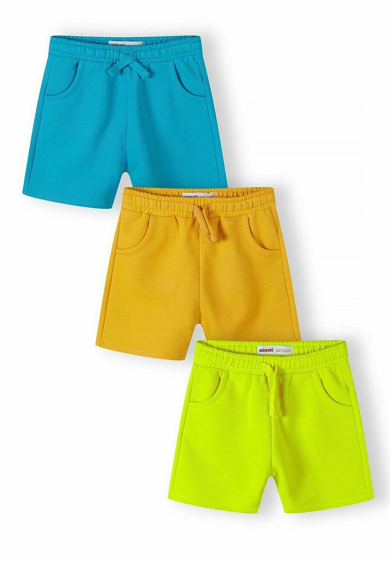 Trois paires de shorts de couleurs vives : turquoise, jaune et vert fluo. Chacune présente une taille élastique et des poches latérales.