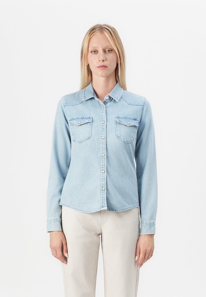Camisa de mezclilla azul claro con mangas largas, dos bolsillos en el pecho, botón en la parte delantera y dobladillo curvado. Textura suave y diseño clásico de cuello.
