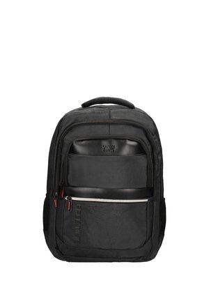Zaino nero con più scomparti con cerniera, manico superiore imbottito e tasche laterali in rete, progettato per l'uso quotidiano.
