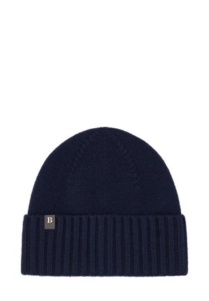 Navy knitted beanie with a ribbed cuff and textured top pattern. Features a small rectangular label with the letter 'B' on the side.