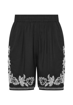 Zwarte shorts gemaakt van lichtgewicht stof, met witte bloemenborduursels langs de zoom en een elastische tailleband voor comfort.