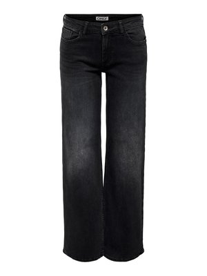 Sorte jeans med vide ben, frontknap og lynlås, lommer foran og bagpå samt et mærke på taljebåndet.