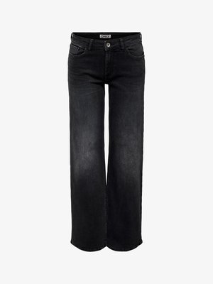 Črne široke kavbojke z gumbom in zadrgo spredaj, sprednjimi in zadnjimi žepi ter etiketo z blagovno znamko na pasu.