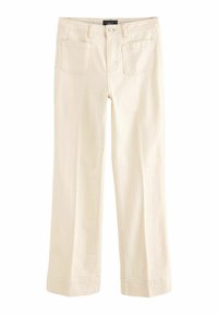 Beige katoenen broek. Heeft een recht model, vijfzakkenstijl en omgeslagen pijpen. Effen kleur met minimale stiksels.