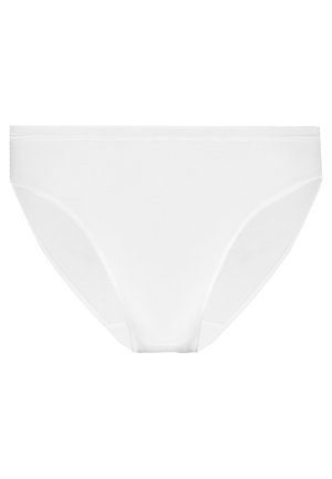 Hvid bikiniunderdel lavet af glat, strækbart materiale. Har en klassisk skæring med en mellemhøj talje og minimale sømme. Ingen synlige mønstre.