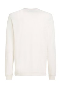 Hvid langærmet pullover med rund halsudskæring, ribbede manchetter og en glat, blød tekstur. Sømfri design uden synlige logoer eller mønstre.