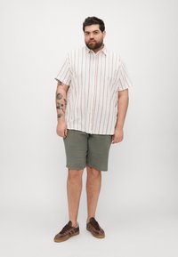 Cămașă albă cu mânecă scurtă și dungi ruginie, butonată, asociată cu pantaloni şort verzi oliv cu textură. Adidași maro cu sireturi închise.