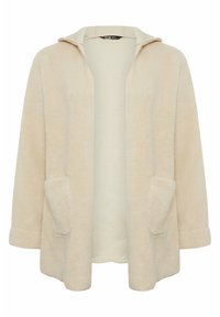 Lång beige fleecejacka med huva, öppen front och två frampocket. Mjuk textur och uppvikta ärmar förbättrar komfort och stil.