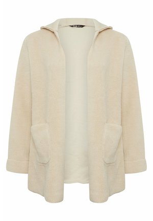 Long beige fleece jacket with a hood, open front, and two front pockets. Soft texture and rolled cuffs enhance comfort and style.