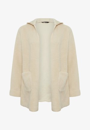 Langer beiger Fleece-Jacke mit Kapuze, offenem Vorderteil und zwei Fronttaschen. Die weiche Textur und die umgeschlagenen Bündchen verbessern Komfort und Stil.