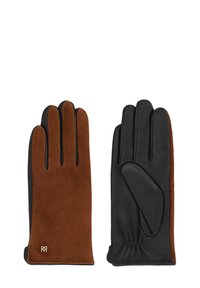 Brūni zamšaini un melni ādas cimdiem ir gluda virsma, piecu pirkstu dizains un smalka zīmola identifikācija uz plaukstas. Elastīgs plaukstas stiprinājums labākai piegulšanai.