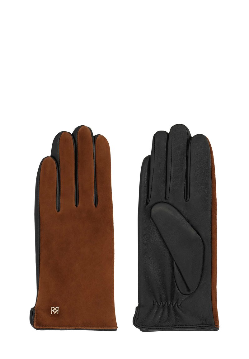 Brūni zamšaini un melni ādas cimdiem ir gluda virsma, piecu pirkstu dizains un smalka zīmola identifikācija uz plaukstas. Elastīgs plaukstas stiprinājums labākai piegulšanai.