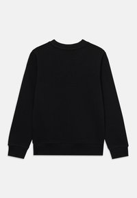 Black crewneck sweatshirt made of soft fabric. Features long sleeves, ribbed cuffs, and a simple design with no visible logos or patterns.