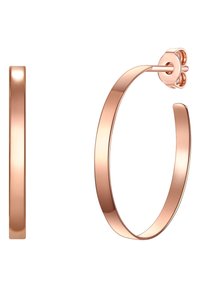 Rožinio aukso auskarai žiedai su lygiu, blizgiu paviršiumi. Turi paprastą formą ir smeigtuko uždarymo mechanizmą.