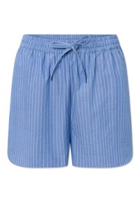 Blaue gestreifte Shorts mit einem elastischen Bund und einem vorderen Knoten. Der Stoff ist leicht und glatt, entworfen für Komfort.