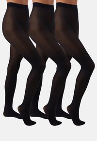 Schwarze Leggings, die in einer Reihe angeordnet sind, mit einer glatten, undurchsichtigen Textur, einem hohen Bund und einem figurbetonten Design.