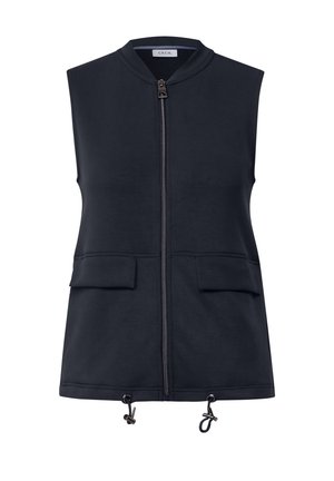 Sleeveless, dark navy vest made of soft fabric. Features a front zipper, two front pockets, and adjustable drawstring hem.