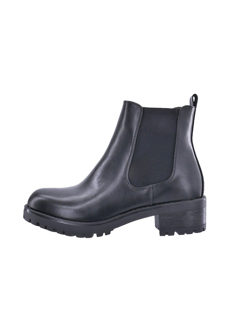 Stivaletti neri in pelle con pannelli laterali elasticizzati, punta tonda e suola in gomma texture. Presentano una linguetta sul retro.