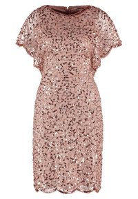 Różowo-złota sukienka koktajlowa z krótkim rękawem, ozdobiona cekinami, z przezroczystą warstwą, falbaniastym dołem i zapięciem na zamek z tyłu.