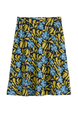 Flared skirt in navy with a yellow and blue floral pattern. Made of lightweight fabric with a smooth texture and a solid waistband.