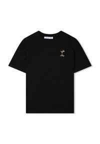 T-shirt in cotone nero con maniche corte, scollo rotondo e una piccola grafica di un bicchiere da cocktail dorato sul lato sinistro del petto.