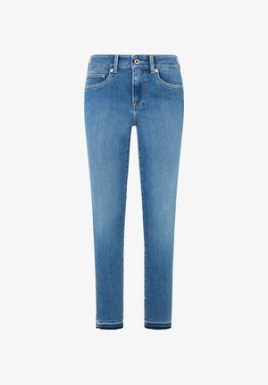 Sobivad helesinised teksad klassikalise viie tasku disainiga, nööbilukuga ja ees vaevu märgatava kulumisega. Näha on denimkangast tekstuuri.