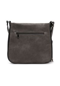 Szara skórzana torba na ramię o gładkiej fakturze, z zapinaną na zamek tylną kieszenią i regulowanym paskiem. Posiada zaokrąglone krawędzie i minimalistyczny design.