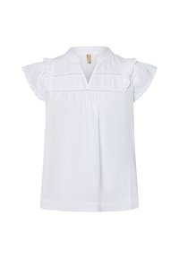Blouse blanche à manches courtes avec des manches volantes et un décolleté en V. Présente des détails texturés sur la poitrine et une coupe décontractée. Fabriquée en coton.