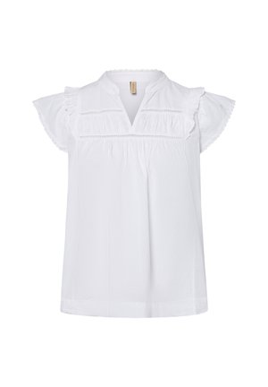 Blusa bianca a maniche corte con maniche a volant e scollo a V. Presenta dettagli texturizzati sul busto e una vestibilità rilassata. Materiale in cotone.
