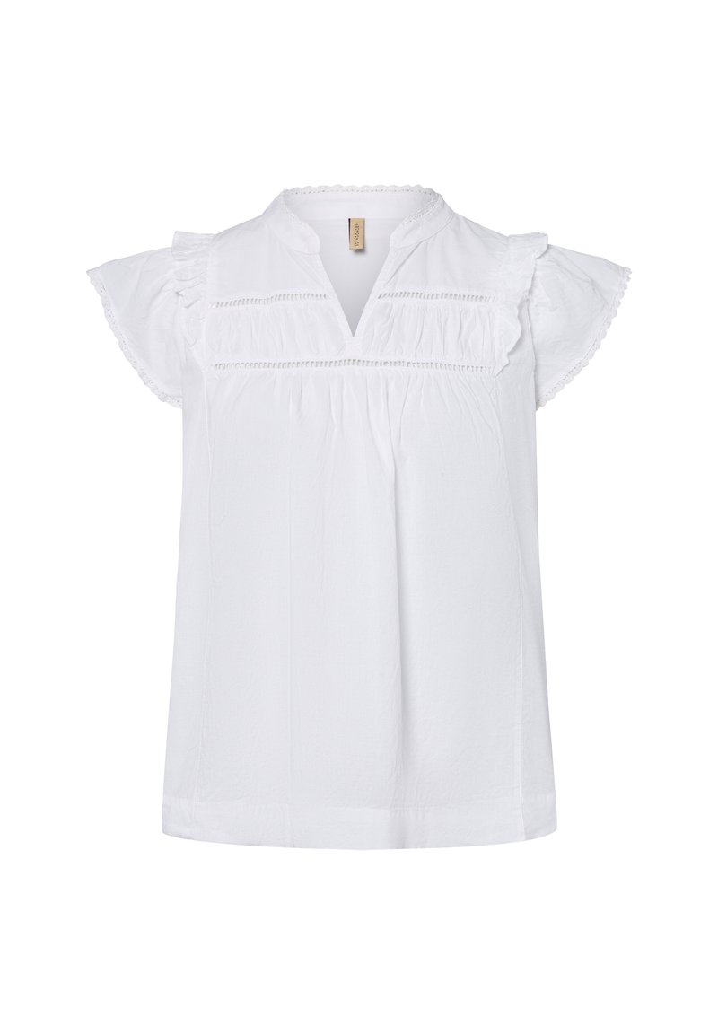 Blouse blanche à manches courtes avec des manches volantes et un décolleté en V. Présente des détails texturés sur la poitrine et une coupe décontractée. Fabriquée en coton.