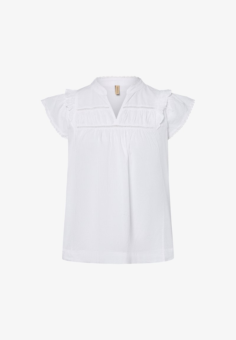 Witte blouse met korte mouwen, gerimpelde mouwen en een V-hals. Heeft een textuurdetail rond de buste en een relaxte pasvorm. Van katoen.