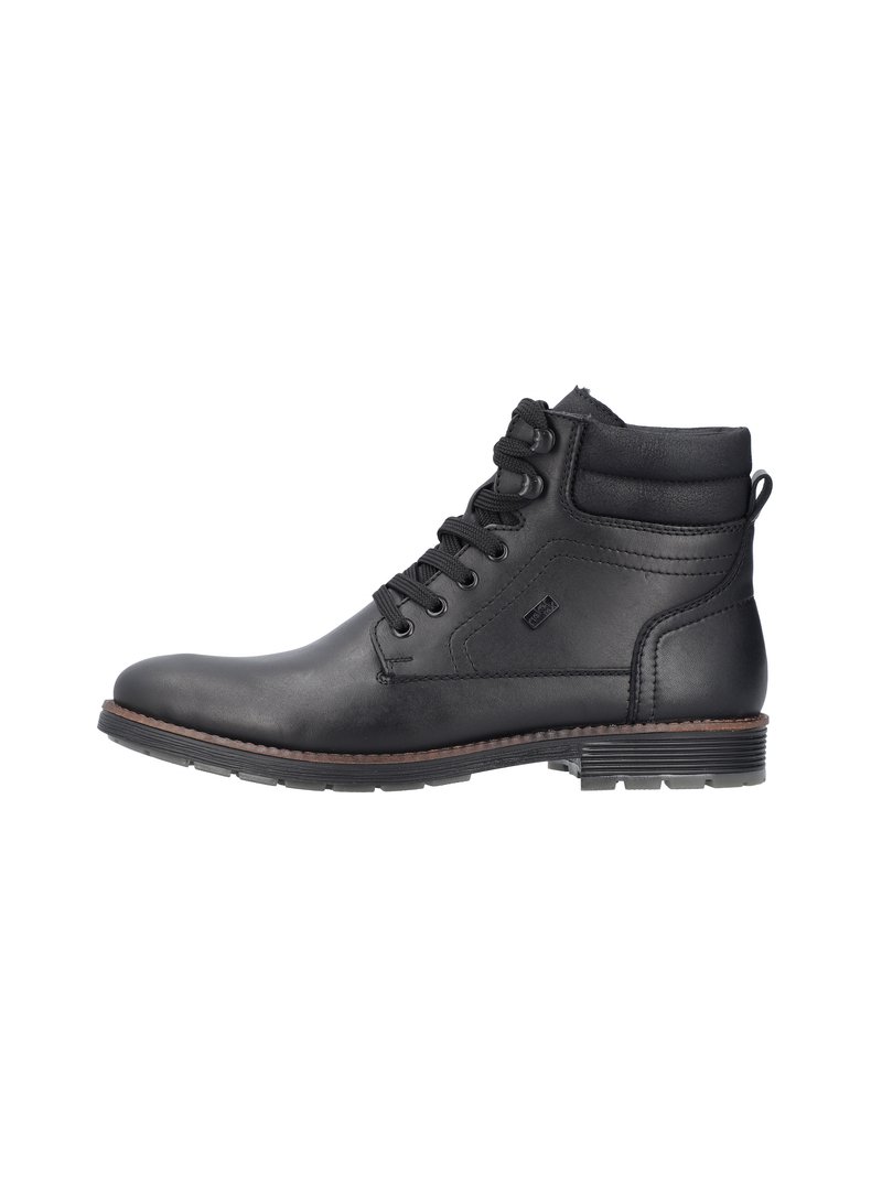 Botas de cuero negro hasta el tobillo con punta redonda, cordones, cuello acolchado y suela texturizada. Presenta un logotipo sutil y costuras en marrón contrastante.
