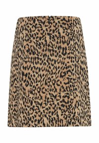 Jupe à imprimé léopard en beige et noir. Coupe trapèze avec une texture lisse, sans éléments métalliques ni accents visibles. Convient pour un usage décontracté.