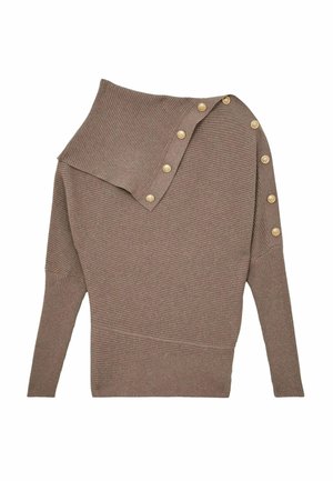 Brun ribbet sweater med en asymmetrisk krave, der har knapper langs skulderen. Blød tekstur og tætsiddende lange ærmer.